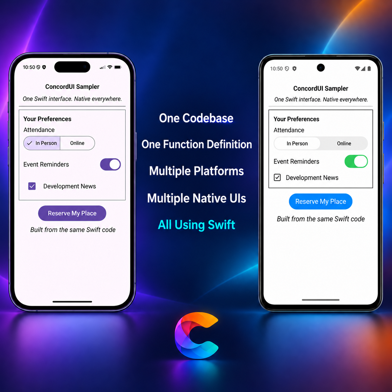 ConcordUI running native interfaces on iOS, Android, macOS, and Windows from one Swift codebase
